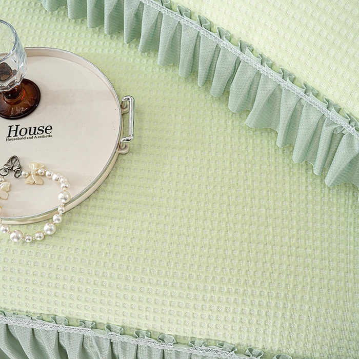 91家纺网 家纺一手货源 找家纺 七里香 2026新款千鸟阁凉豆豆3D冰豆豆床裙款凉席三件套 千鸟格-果绿