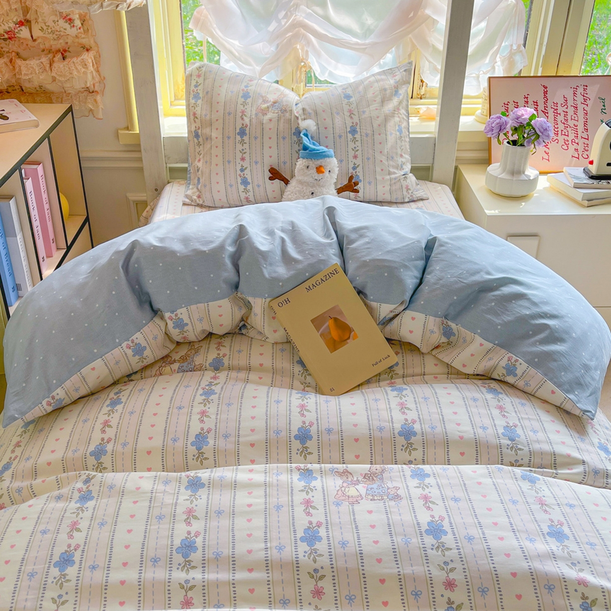 91家纺网 家纺一手货源 找家纺 简约家纺 2026新款全棉印花学生宿舍三件套系列 蓝茵小兔