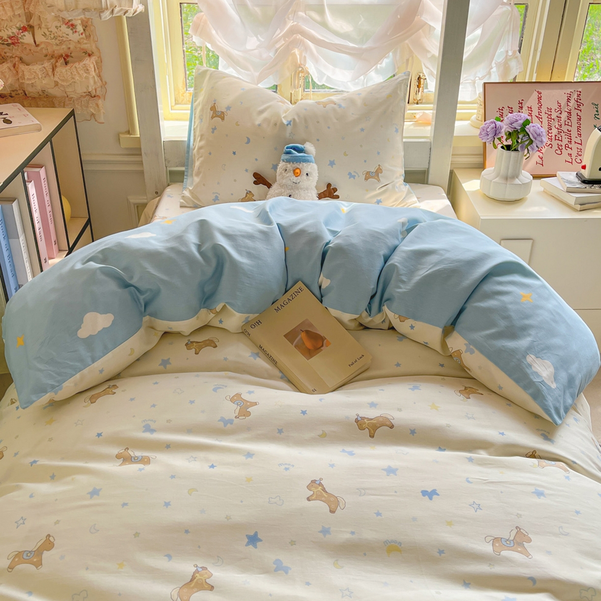 简约家纺 2026新款全棉印花学生宿舍三件套系列 木马心愿