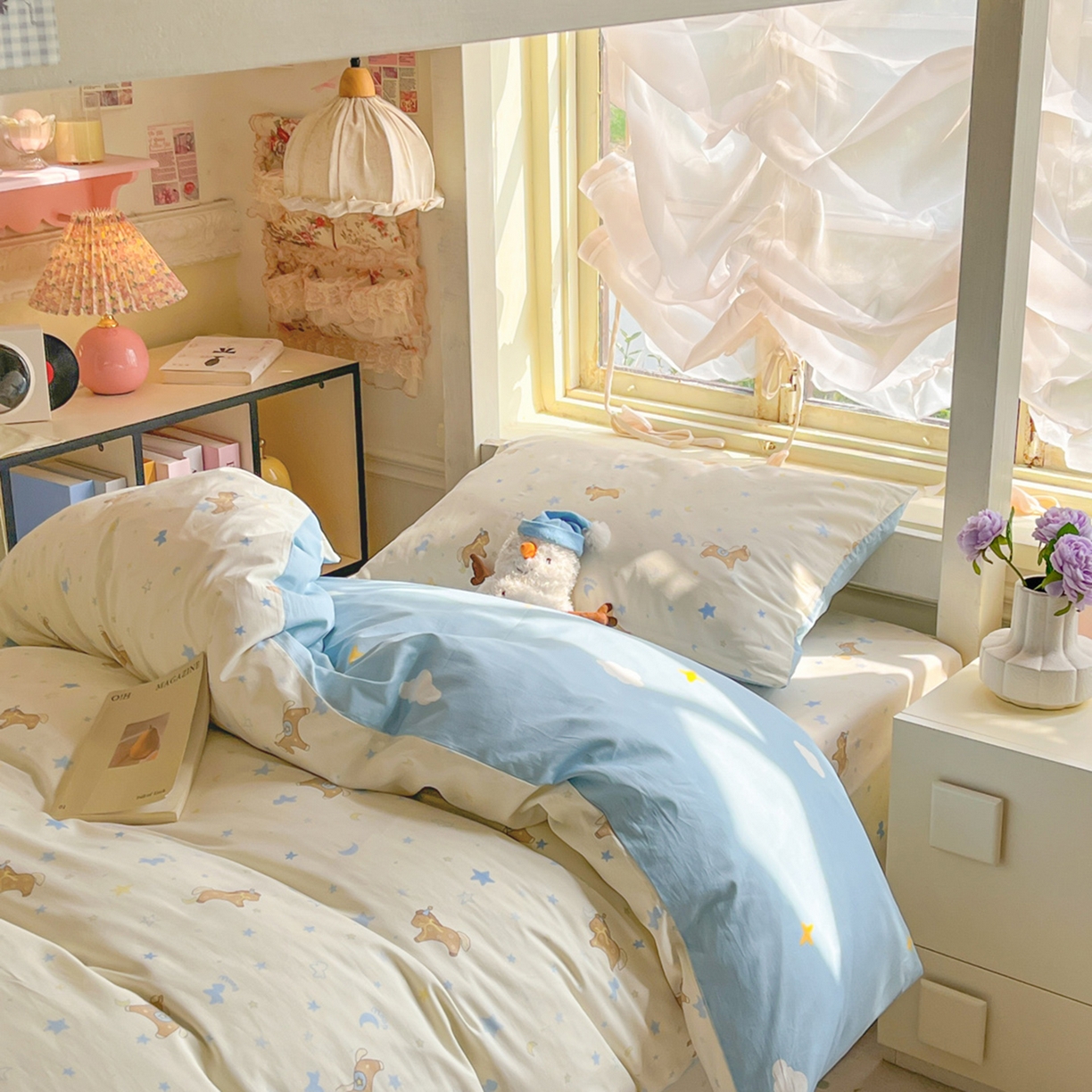 91家纺网 家纺一手货源 找家纺 简约家纺 2026新款全棉印花学生宿舍三件套系列 木马心愿