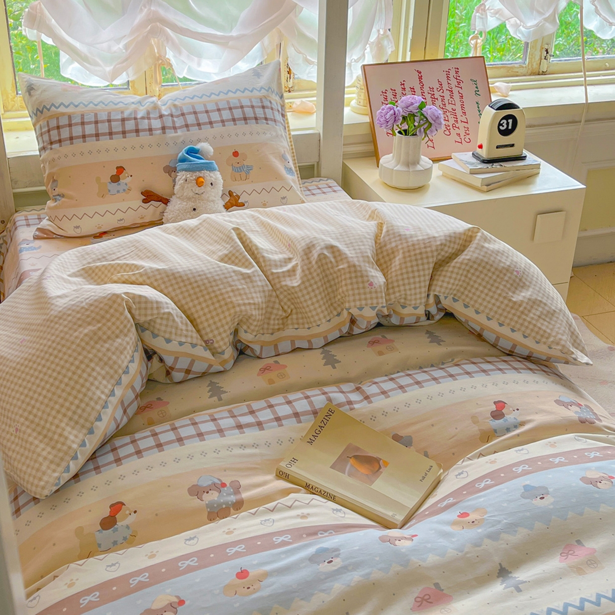 91家纺网 家纺一手货源 找家纺 简约家纺 2026新款全棉印花学生宿舍三件套系列 费尔岛小狗