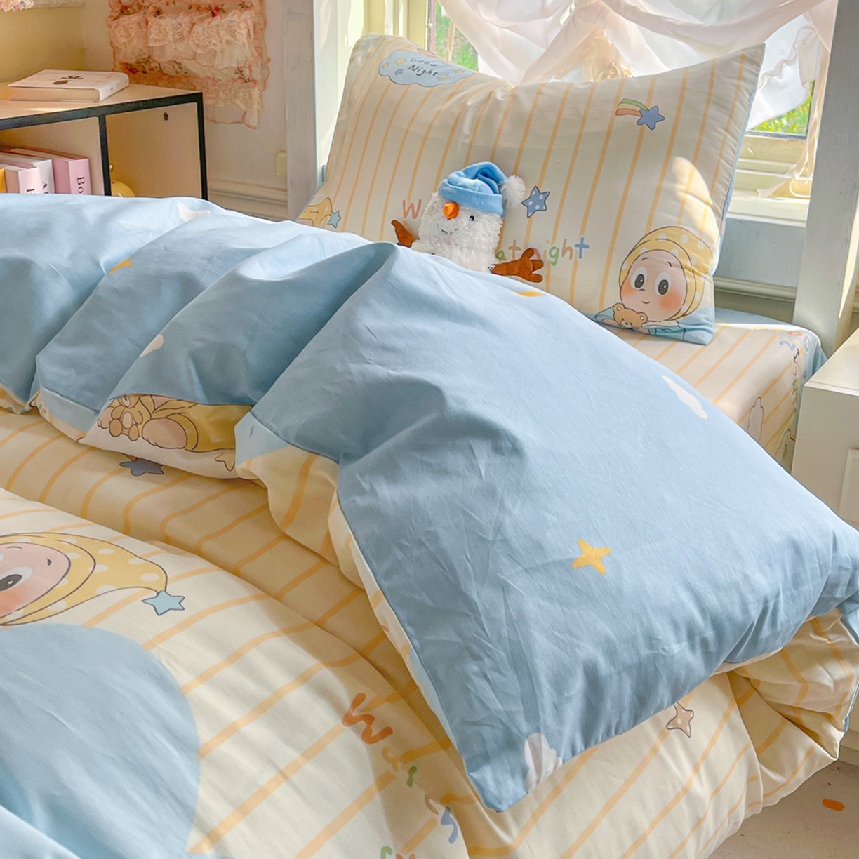 91家纺网 家纺一手货源 找家纺 简约家纺 2026新款全棉印花学生宿舍三件套系列 星语星愿