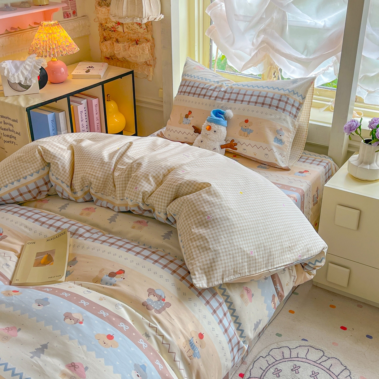 91家纺网 家纺一手货源 找家纺 简约家纺 2026新款全棉印花学生宿舍三件套系列 费尔岛小狗