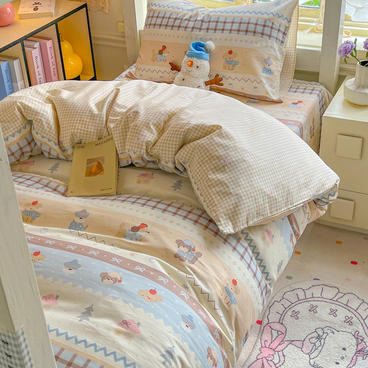 91家纺网 家纺一手货源 找家纺 简约家纺 2026新款全棉印花学生宿舍三件套系列 费尔岛小狗