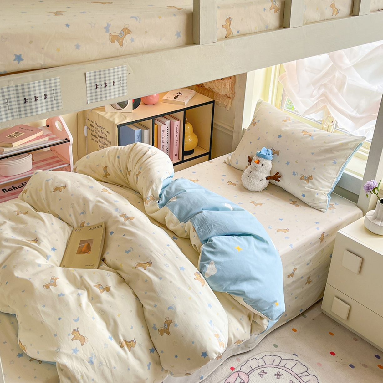 91家纺网 家纺一手货源 找家纺 简约家纺 2026新款全棉印花学生宿舍三件套系列 木马心愿