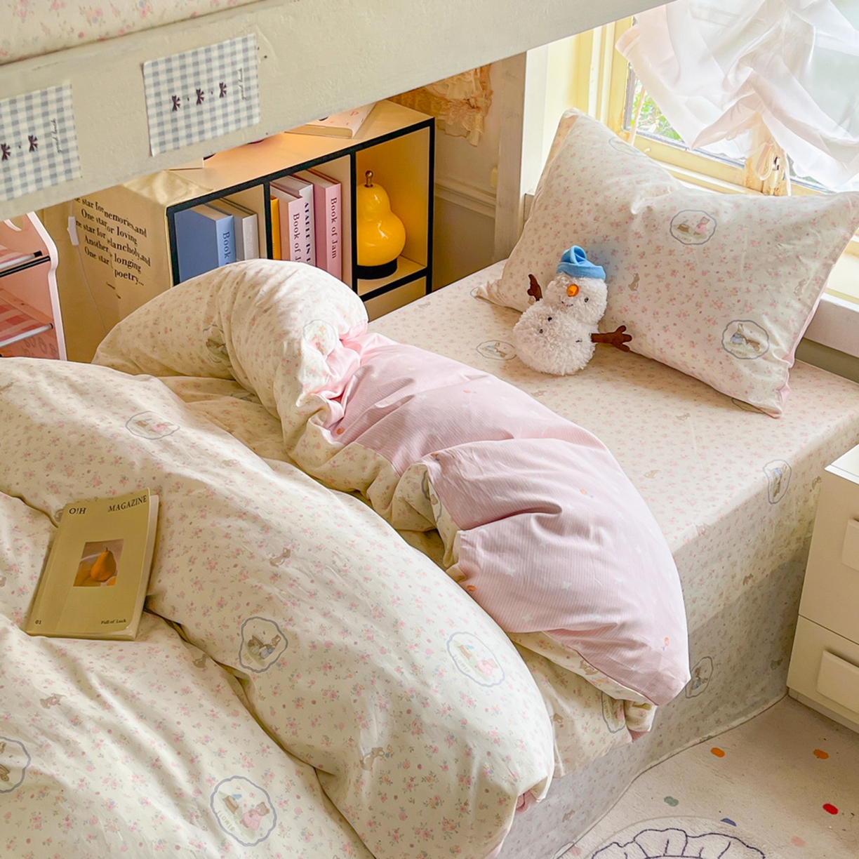 91家纺网 家纺一手货源 找家纺 简约家纺 2026新款全棉印花学生宿舍三件套系列 粉色花园兔-粉