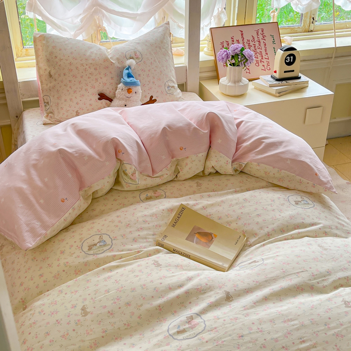 91家纺网 家纺一手货源 找家纺 简约家纺 2026新款全棉印花学生宿舍三件套系列 粉色花园兔-粉