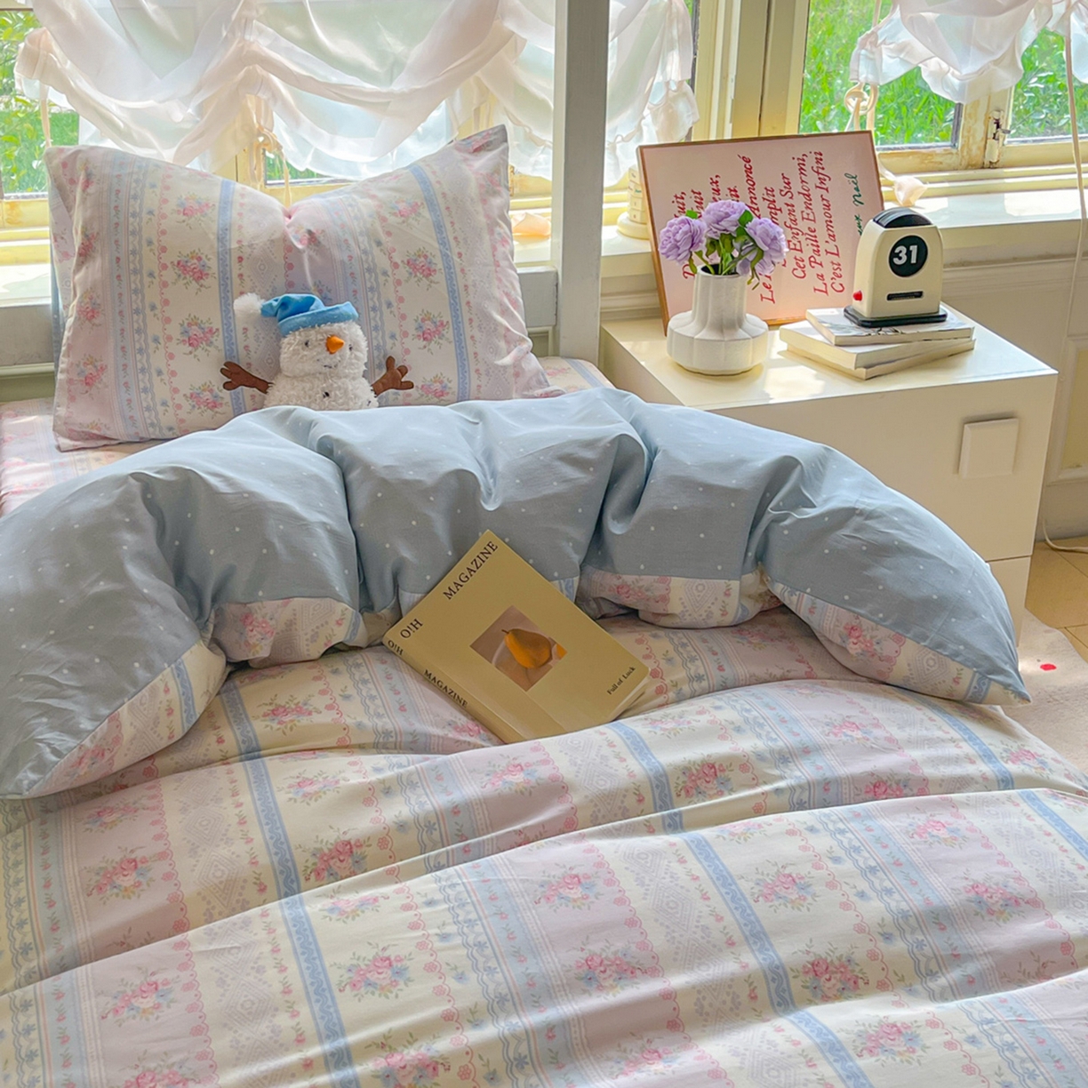 91家纺网 家纺一手货源 找家纺 简约家纺 2026新款全棉印花学生宿舍三件套系列 花满情