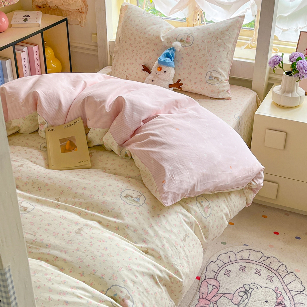 91家纺网 家纺一手货源 找家纺 简约家纺 2026新款全棉印花学生宿舍三件套系列 粉色花园兔-粉