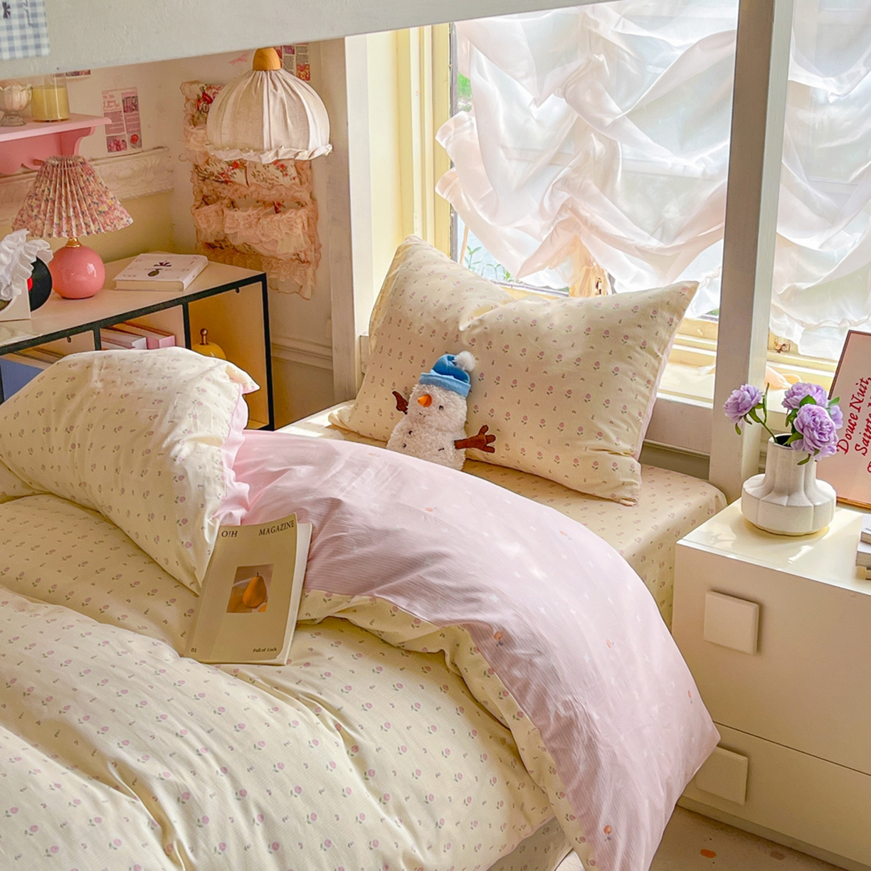 91家纺网 家纺一手货源 找家纺 简约家纺 2026新款全棉印花学生宿舍三件套系列 恬淡小花