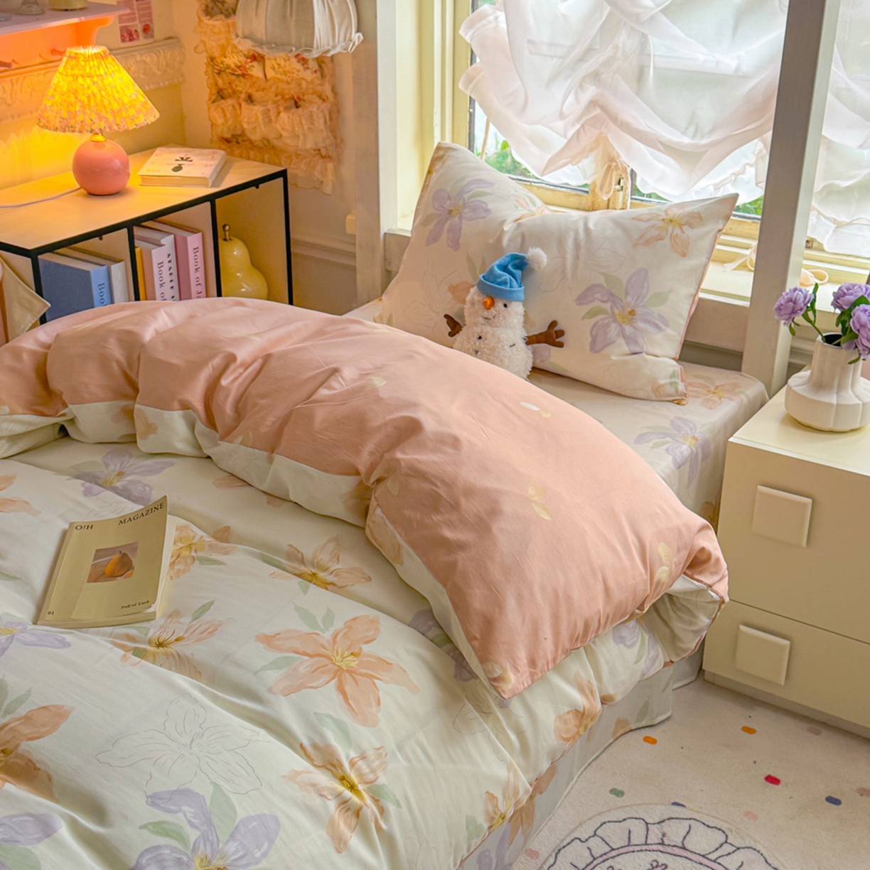 91家纺网 家纺一手货源 找家纺 简约家纺 2026新款全棉印花学生宿舍三件套系列 怡花