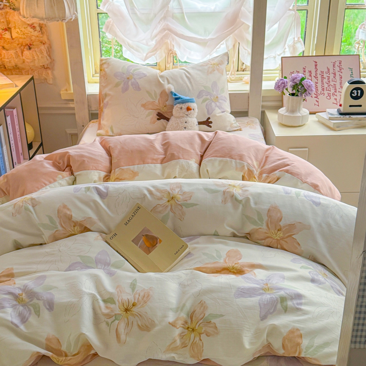 91家纺网 家纺一手货源 找家纺 简约家纺 2026新款全棉印花学生宿舍三件套系列 怡花