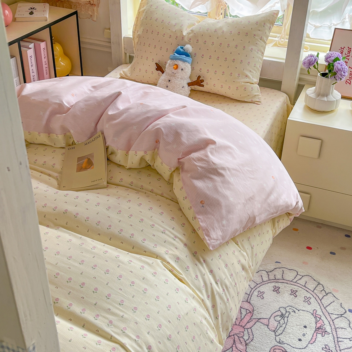 91家纺网 家纺一手货源 找家纺 简约家纺 2026新款全棉印花学生宿舍三件套系列 恬淡小花