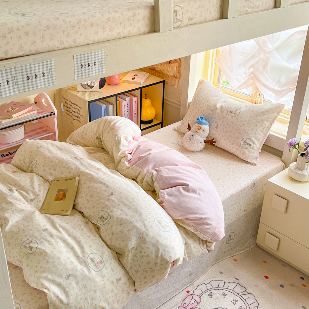 91家纺网 家纺一手货源 找家纺 简约家纺 2026新款全棉印花学生宿舍三件套系列 粉色花园兔-粉