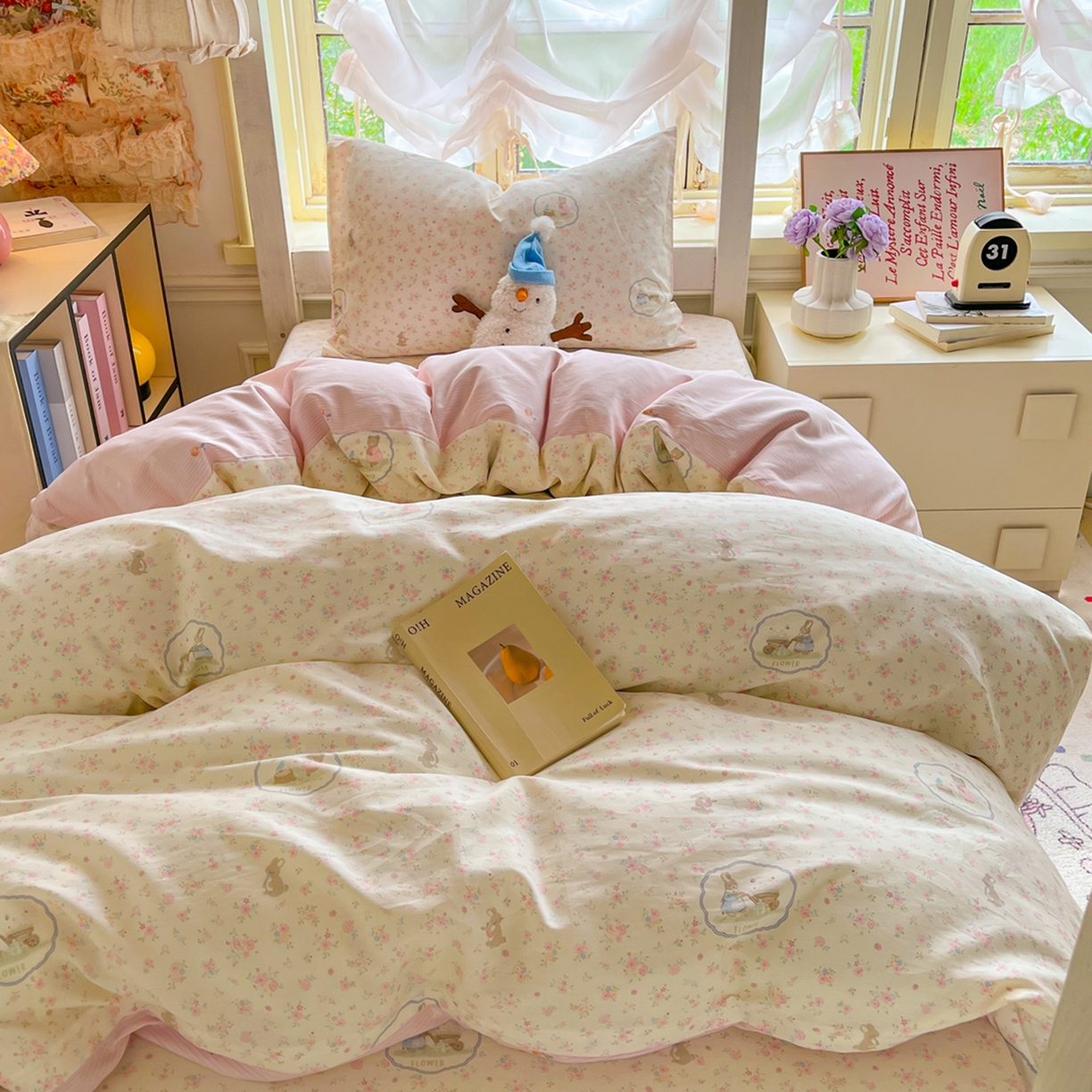 91家纺网 家纺一手货源 找家纺 简约家纺 2026新款全棉印花学生宿舍三件套系列 粉色花园兔-粉