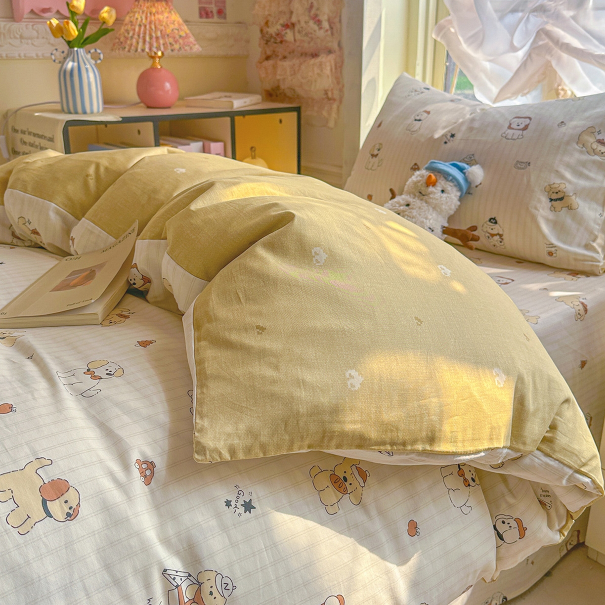 91家纺网 家纺一手货源 找家纺 简约家纺 2026新款全棉印花学生宿舍三件套系列 可爱萌犬