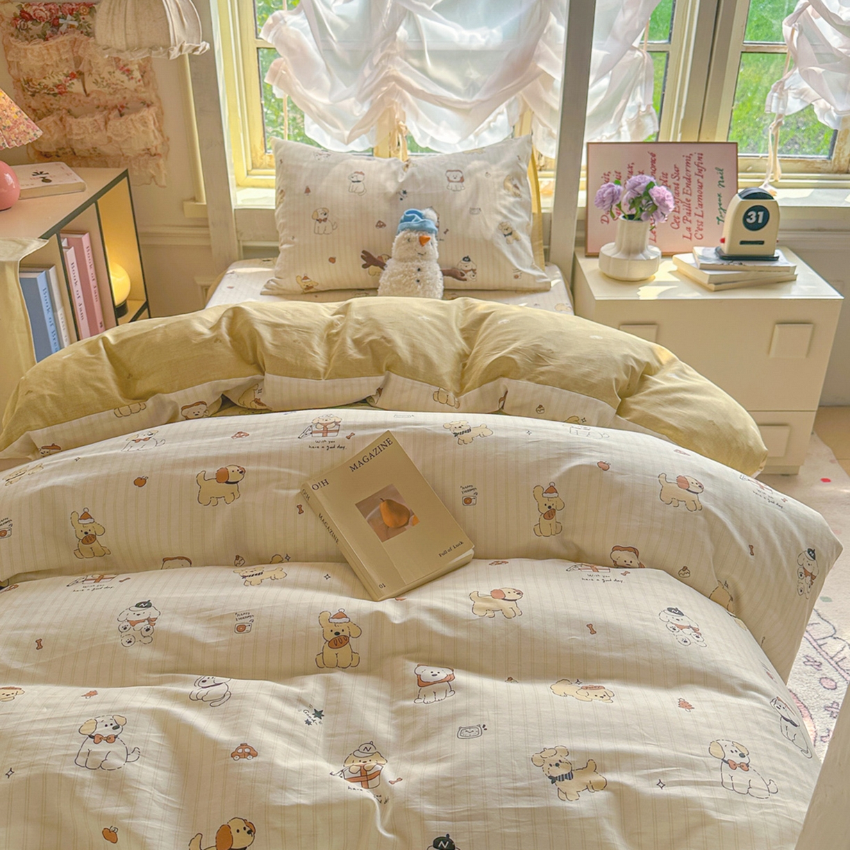 91家纺网 家纺一手货源 找家纺 简约家纺 2026新款全棉印花学生宿舍三件套系列 可爱萌犬