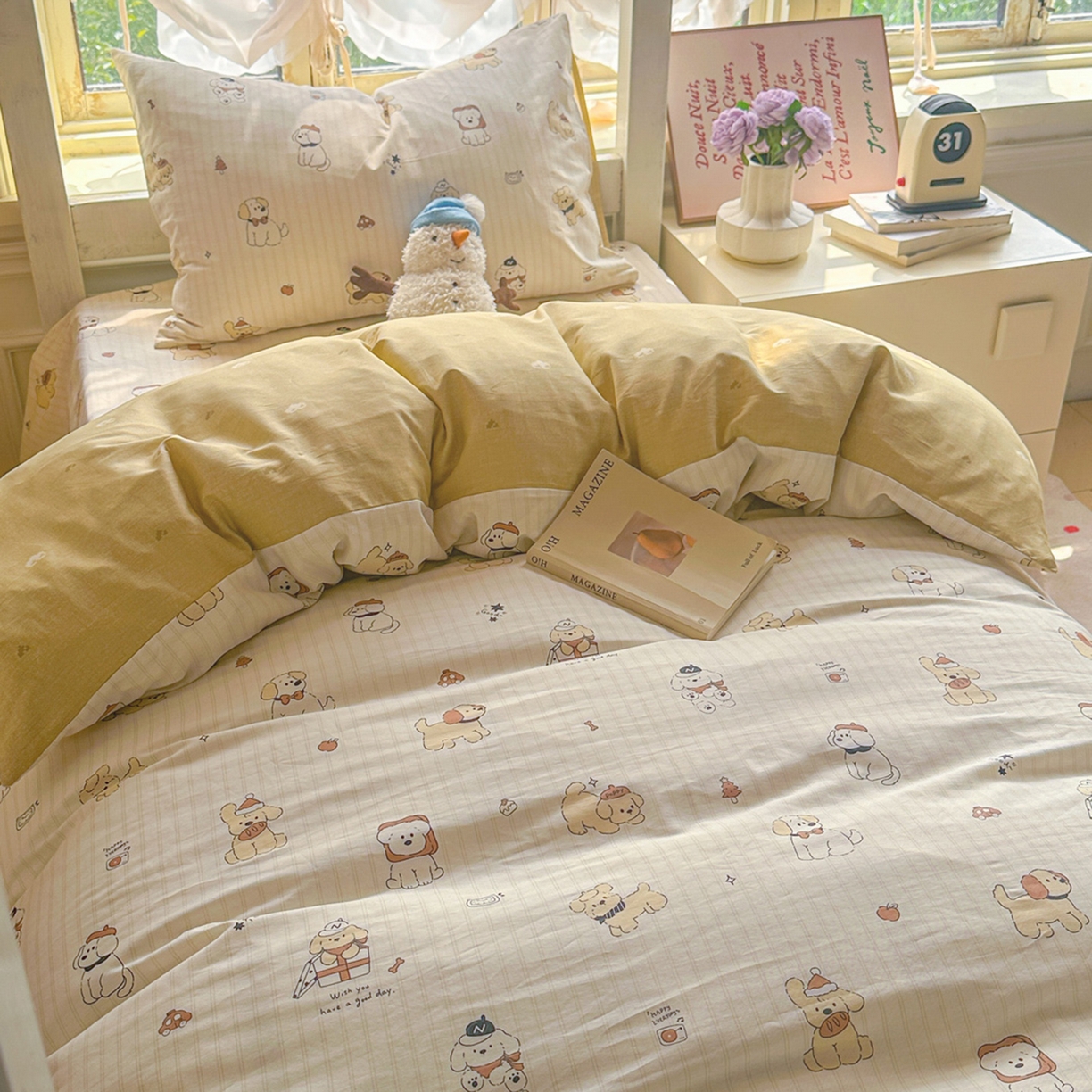 91家纺网 家纺一手货源 找家纺 简约家纺 2026新款全棉印花学生宿舍三件套系列 可爱萌犬