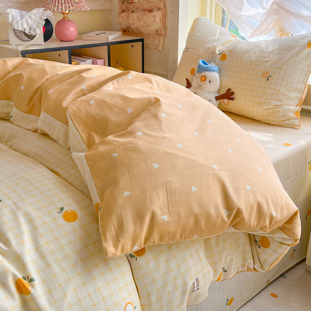 91家纺网 家纺一手货源 找家纺 简约家纺 2026新款全棉印花学生宿舍三件套系列 橘子格