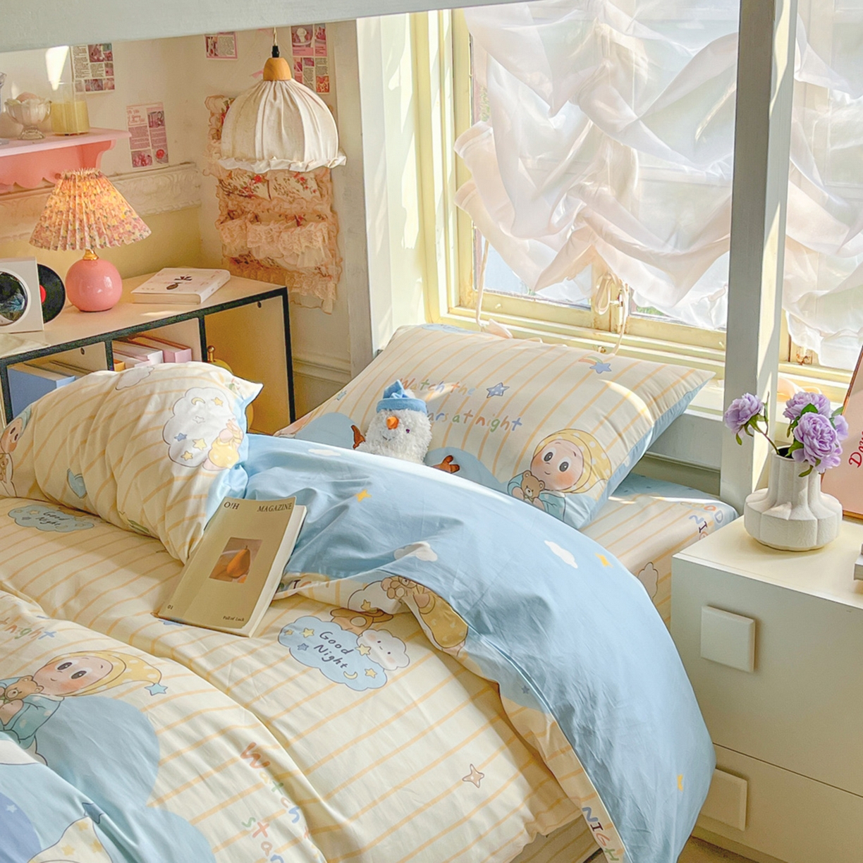 91家纺网 家纺一手货源 找家纺 简约家纺 2026新款全棉印花学生宿舍三件套系列 星语星愿