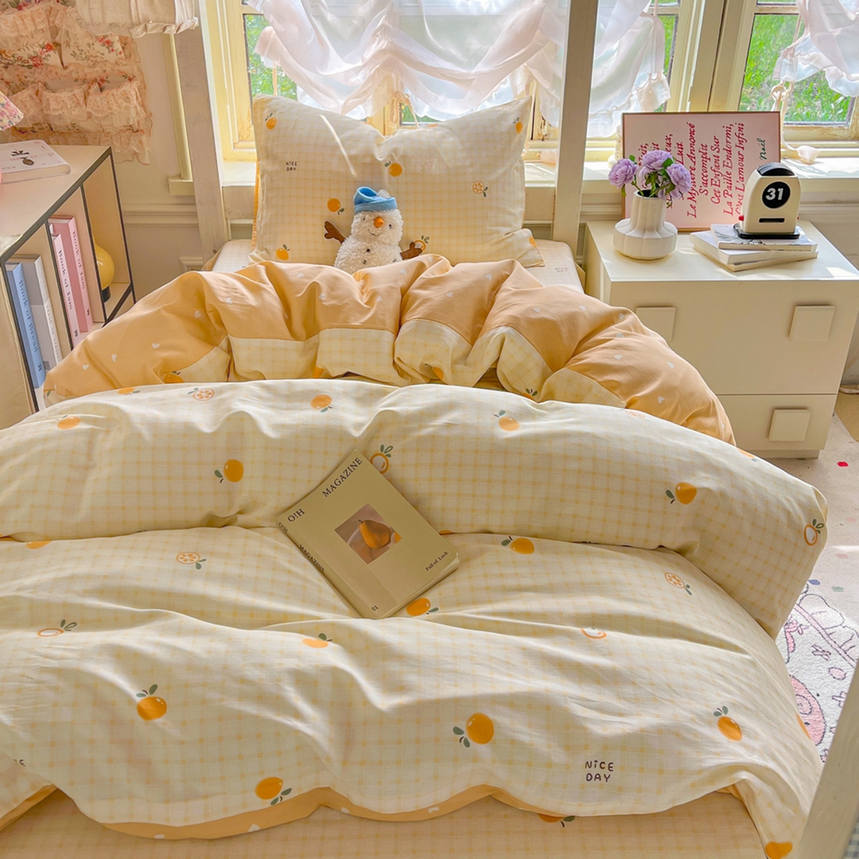 91家纺网 家纺一手货源 找家纺 简约家纺 2026新款全棉印花学生宿舍三件套系列 橘子格