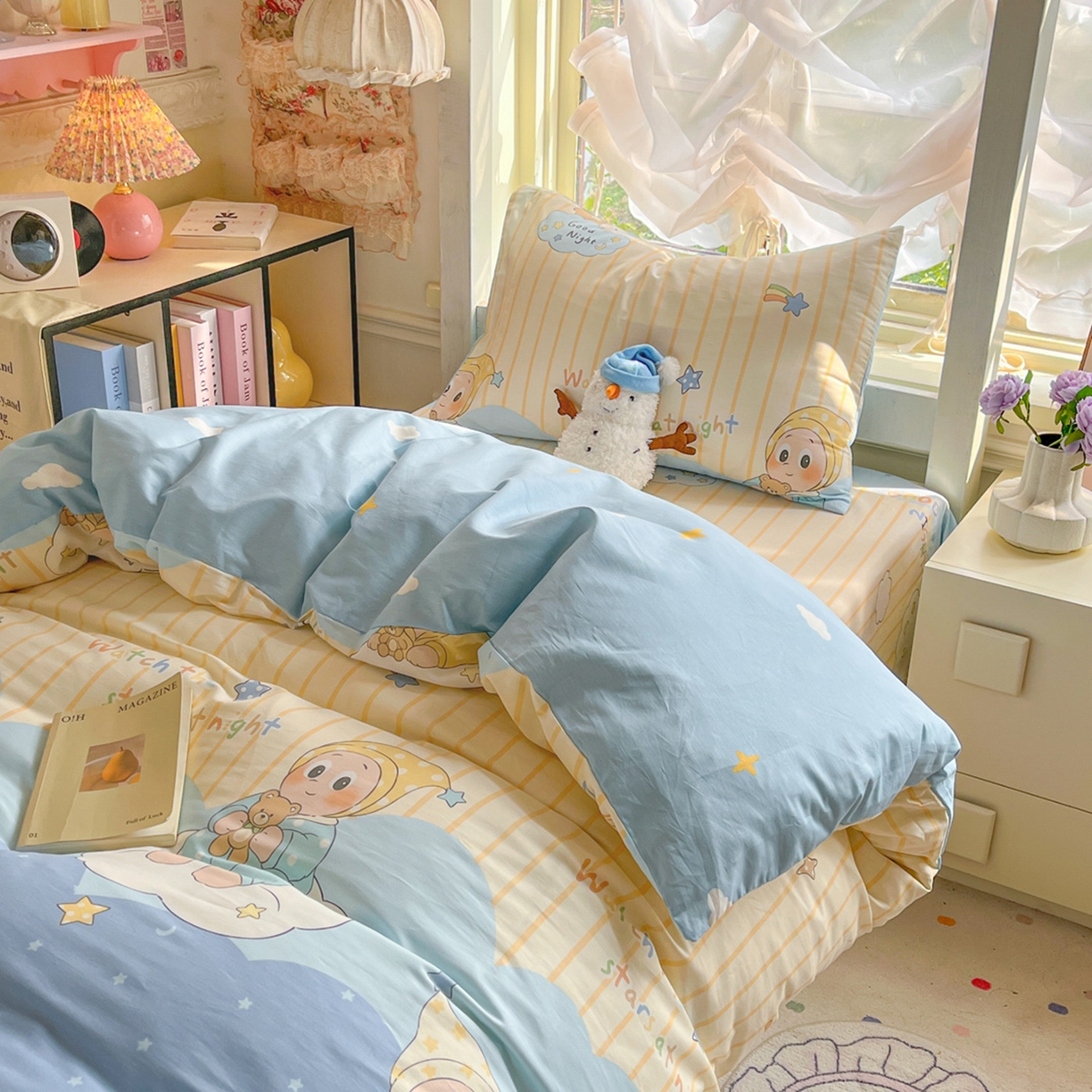 91家纺网 家纺一手货源 找家纺 简约家纺 2026新款全棉印花学生宿舍三件套系列 星语星愿