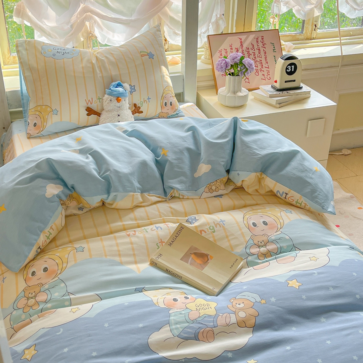 91家纺网 家纺一手货源 找家纺 简约家纺 2026新款全棉印花学生宿舍三件套系列 星语星愿