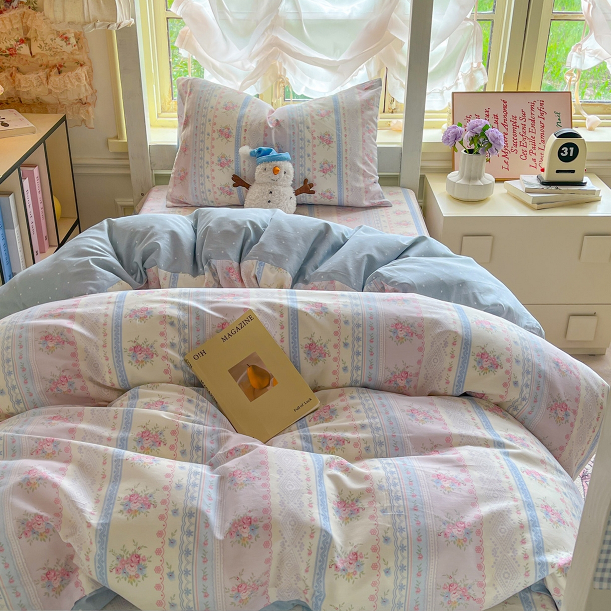 91家纺网 家纺一手货源 找家纺 简约家纺 2026新款全棉印花学生宿舍三件套系列 花满情