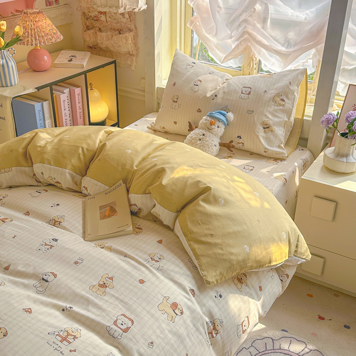 91家纺网 家纺一手货源 找家纺 简约家纺 2026新款全棉印花学生宿舍三件套系列 可爱萌犬