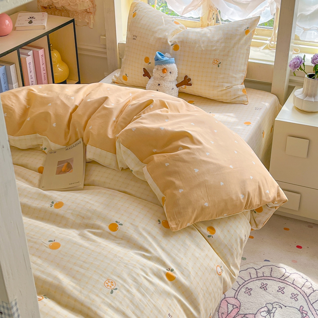 91家纺网 家纺一手货源 找家纺 简约家纺 2026新款全棉印花学生宿舍三件套系列 橘子格