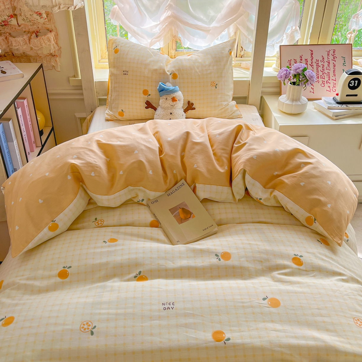 简约家纺 2026新款全棉印花学生宿舍三件套系列 橘子格