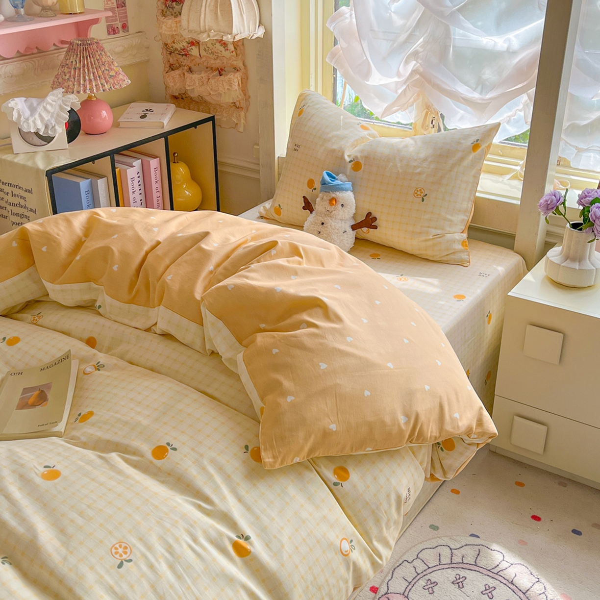 91家纺网 家纺一手货源 找家纺 简约家纺 2026新款全棉印花学生宿舍三件套系列 橘子格