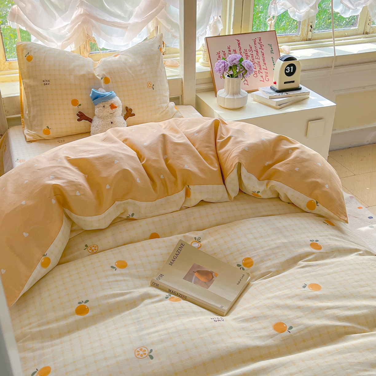 91家纺网 家纺一手货源 找家纺 简约家纺 2026新款全棉印花学生宿舍三件套系列 橘子格