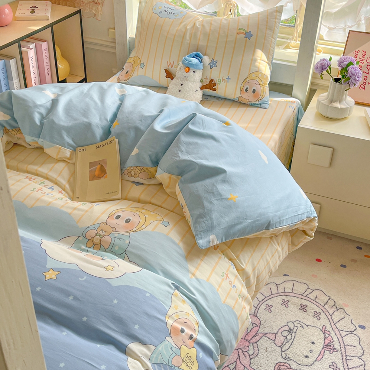 91家纺网 家纺一手货源 找家纺 简约家纺 2026新款全棉印花学生宿舍三件套系列 星语星愿