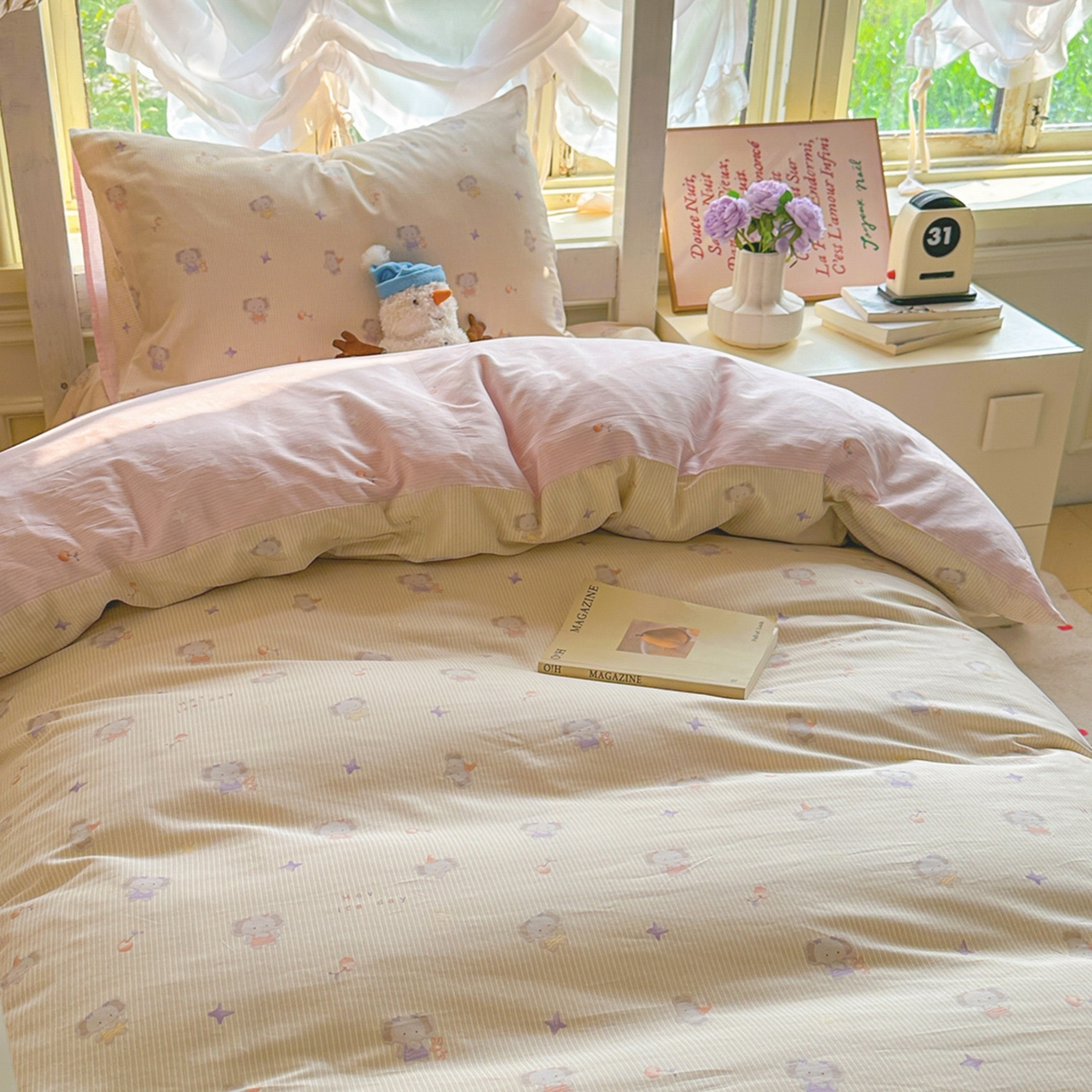 91家纺网 家纺一手货源 找家纺 简约家纺 2026新款全棉印花学生宿舍三件套系列 星小象-米