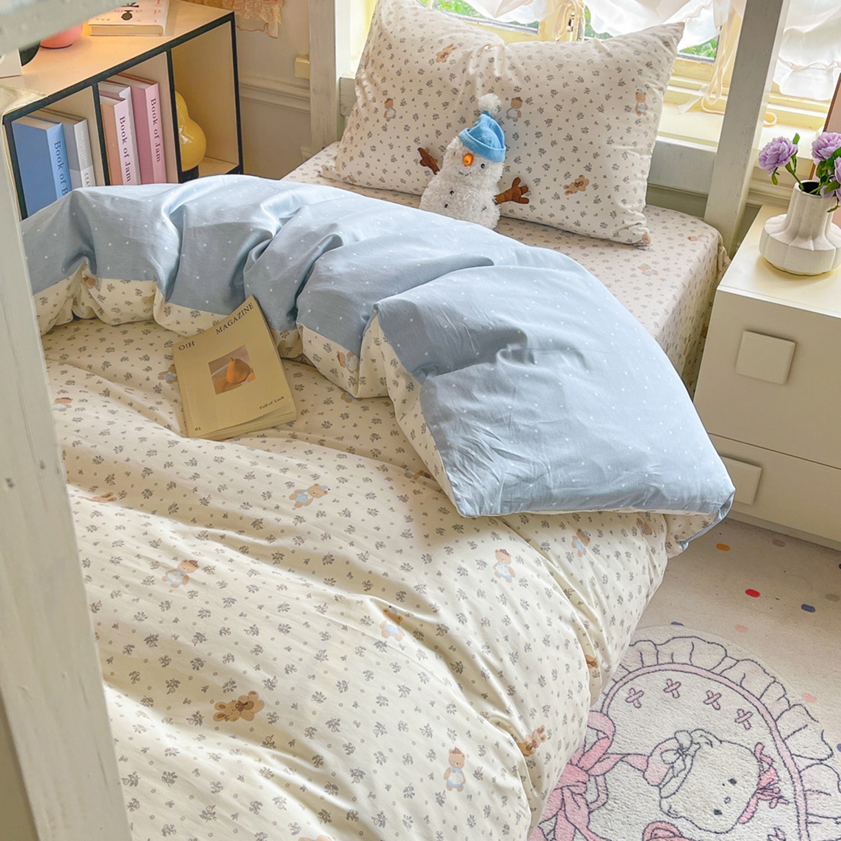 91家纺网 家纺一手货源 找家纺 简约家纺 2026新款全棉印花学生宿舍三件套系列 小奶兔