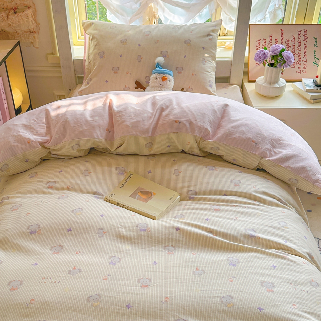 简约家纺 2026新款全棉印花学生宿舍三件套系列 星小象-米