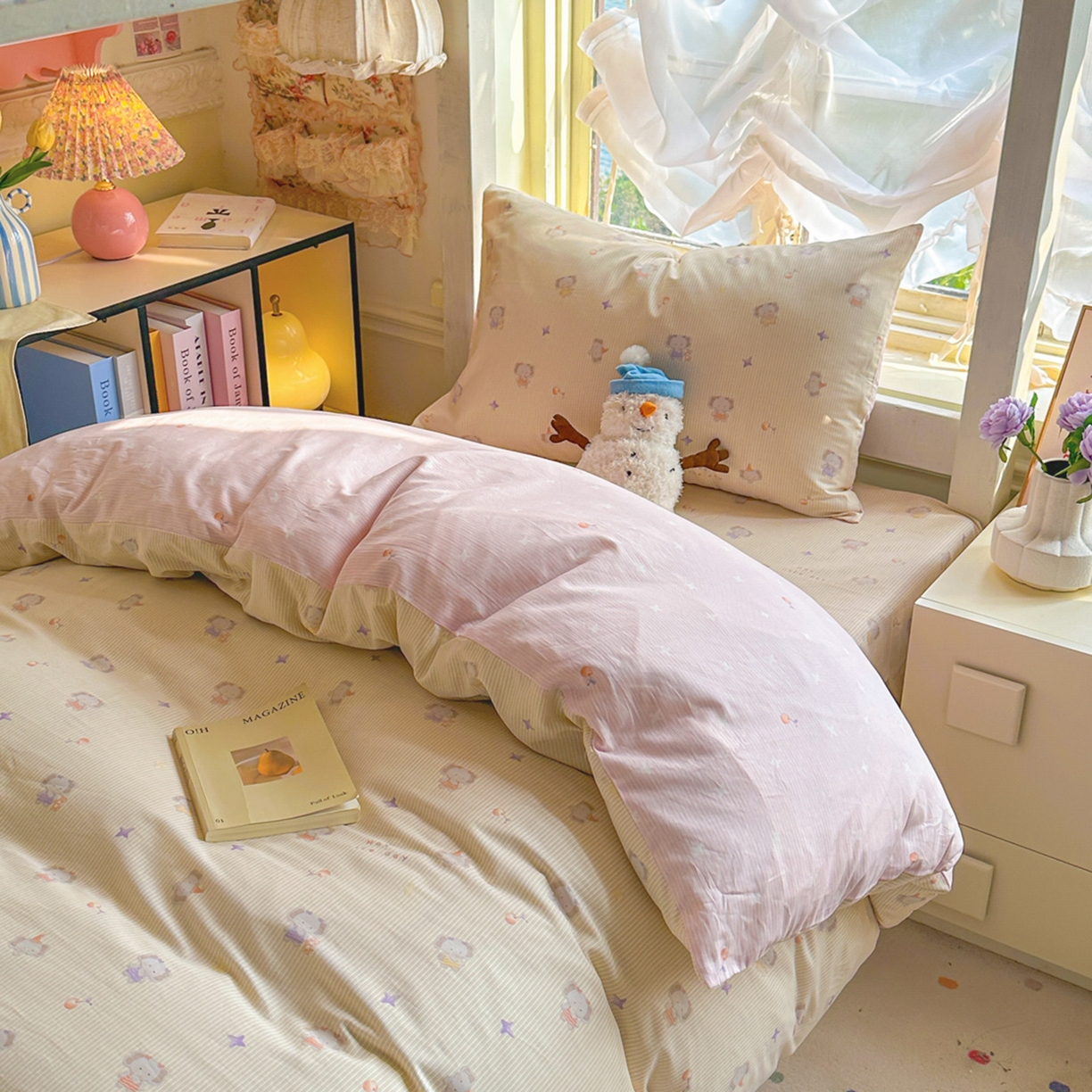 91家纺网 家纺一手货源 找家纺 简约家纺 2026新款全棉印花学生宿舍三件套系列 星小象-米