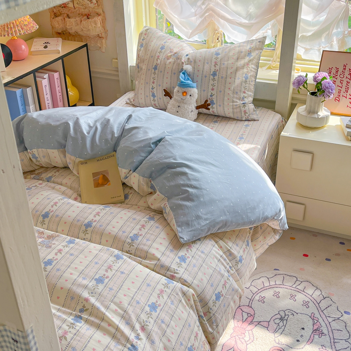 91家纺网 家纺一手货源 找家纺 简约家纺 2026新款全棉印花学生宿舍三件套系列 蓝茵小兔