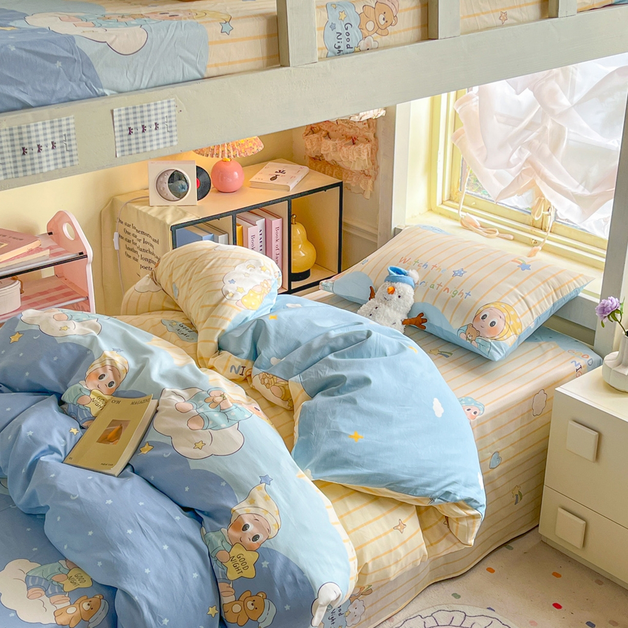 91家纺网 家纺一手货源 找家纺 简约家纺 2026新款全棉印花学生宿舍三件套系列 星语星愿