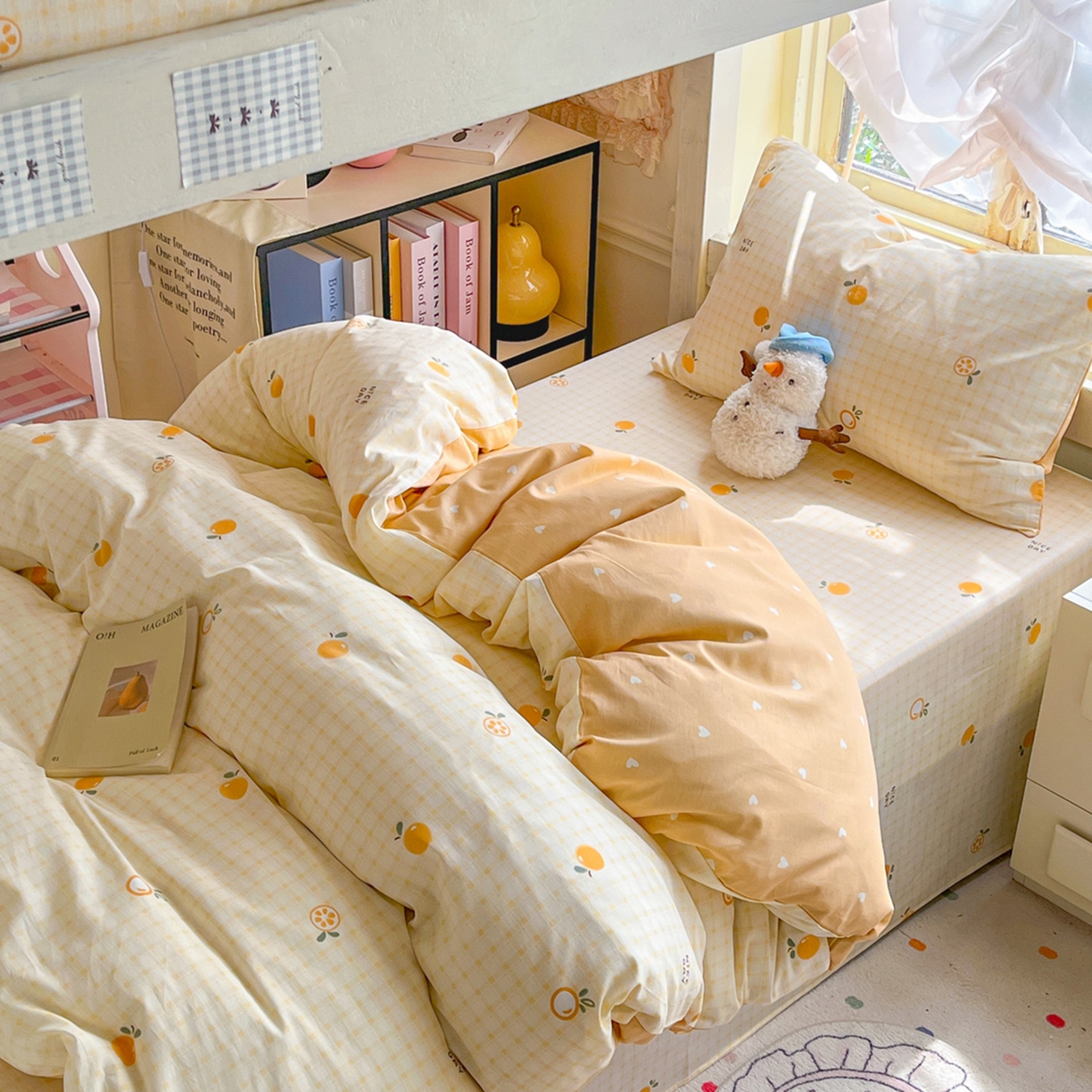 91家纺网 家纺一手货源 找家纺 简约家纺 2026新款全棉印花学生宿舍三件套系列 橘子格