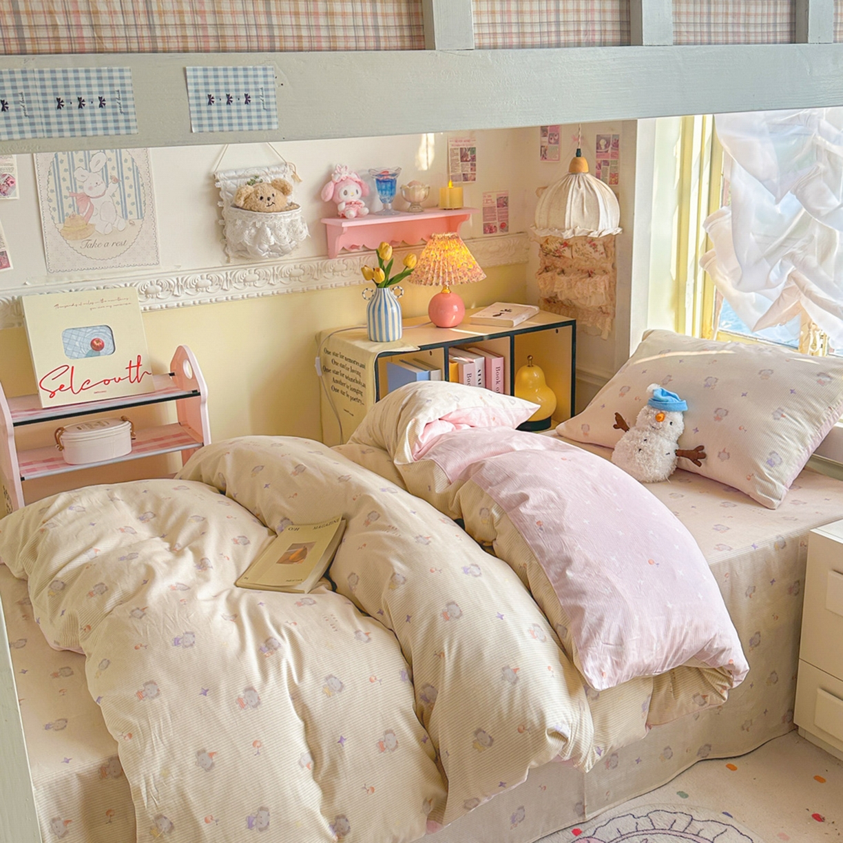 91家纺网 家纺一手货源 找家纺 简约家纺 2026新款全棉印花学生宿舍三件套系列 星小象-米