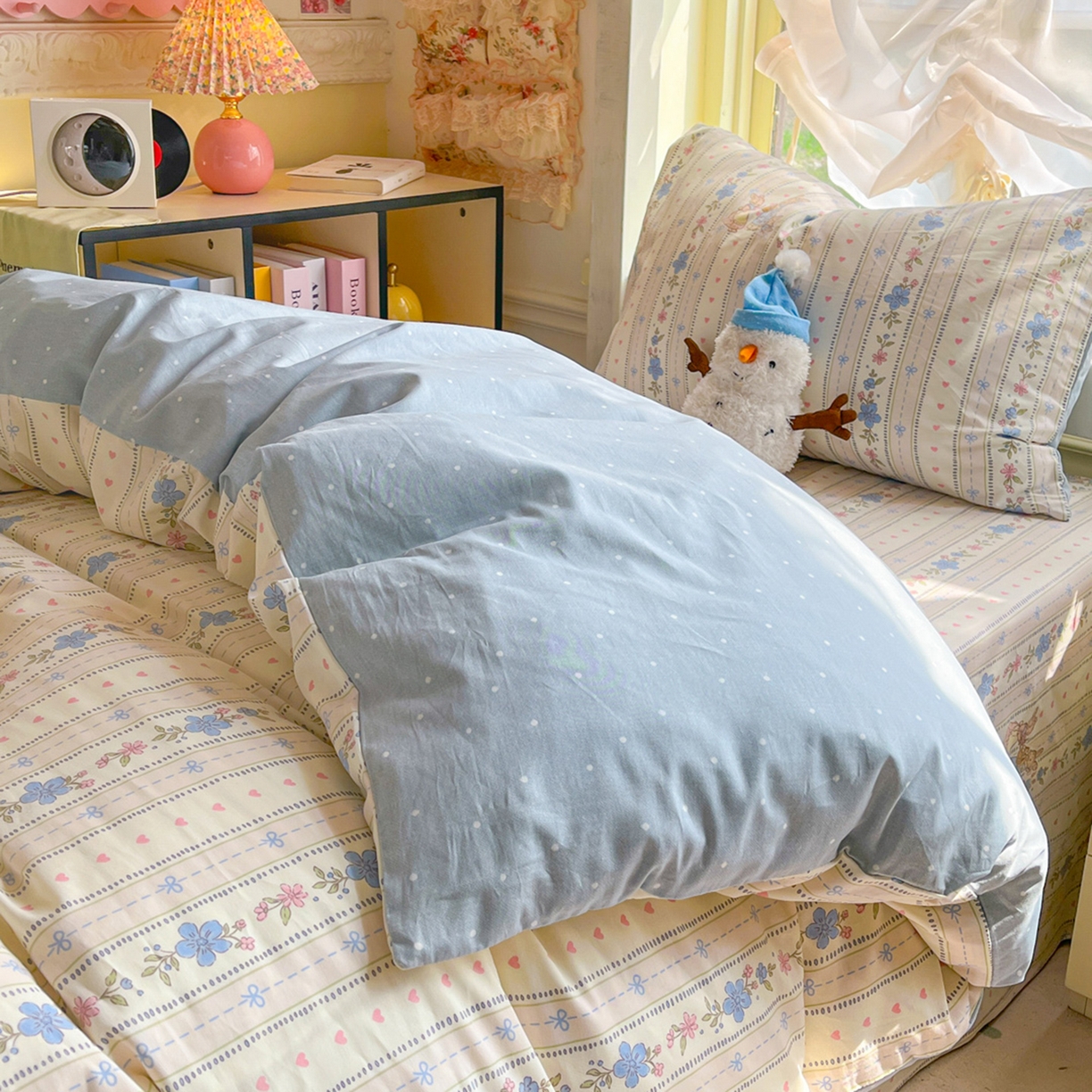 91家纺网 家纺一手货源 找家纺 简约家纺 2026新款全棉印花学生宿舍三件套系列 蓝茵小兔