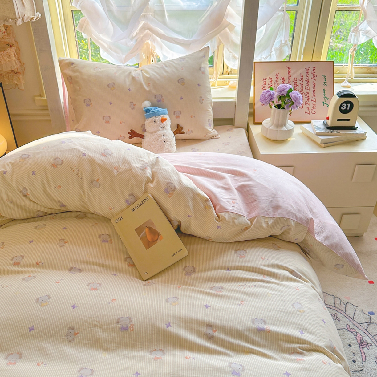 91家纺网 家纺一手货源 找家纺 简约家纺 2026新款全棉印花学生宿舍三件套系列 星小象-米