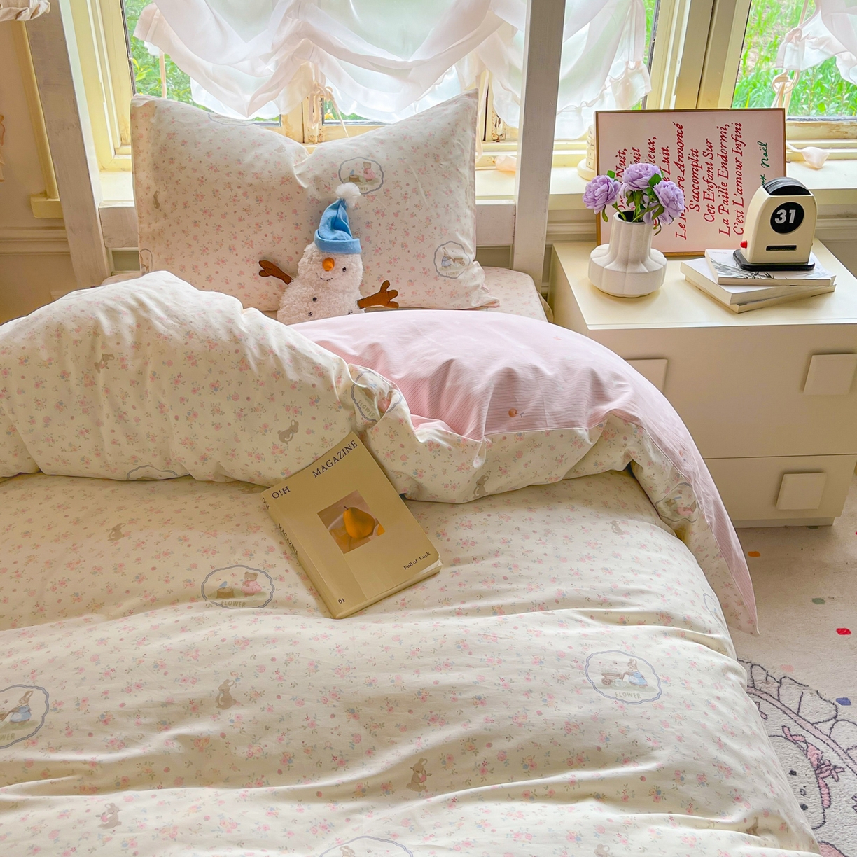 91家纺网 家纺一手货源 找家纺 简约家纺 2026新款全棉印花学生宿舍三件套系列 粉色花园兔-粉