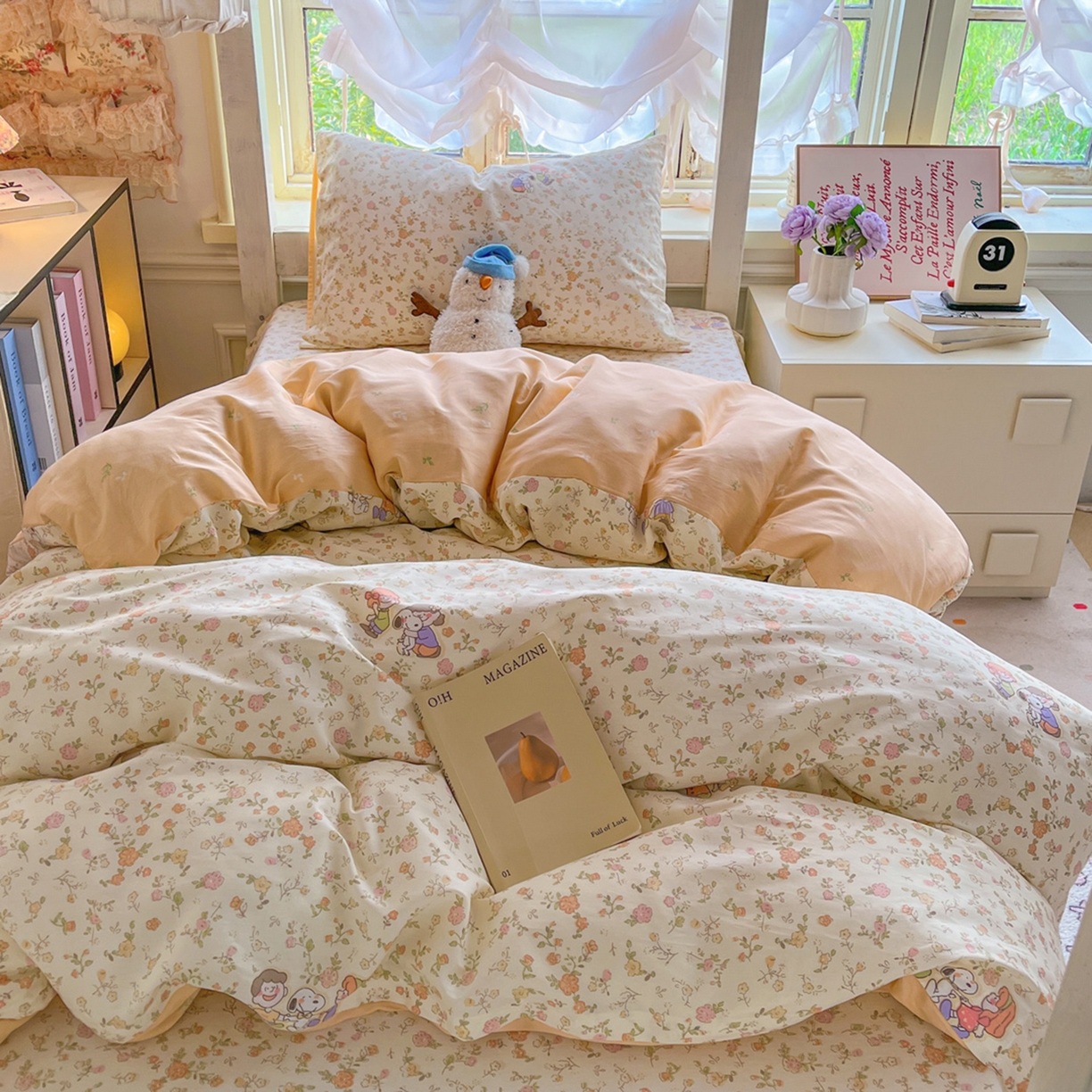 91家纺网 家纺一手货源 找家纺 简约家纺 2026新款全棉印花学生宿舍三件套系列 史努比花海