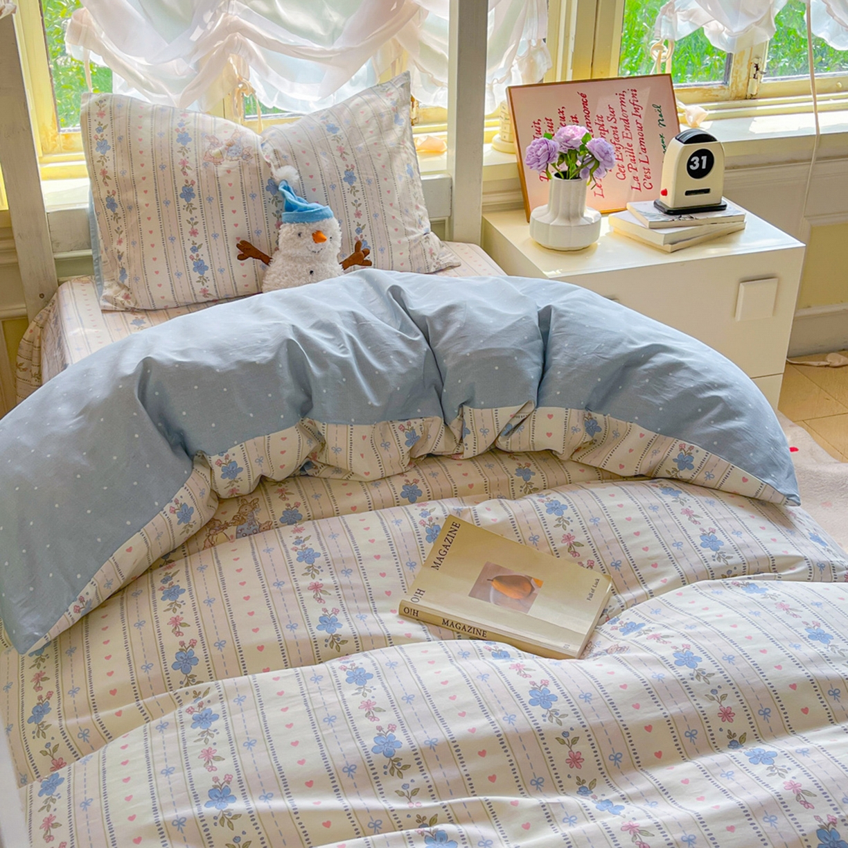 91家纺网 家纺一手货源 找家纺 简约家纺 2026新款全棉印花学生宿舍三件套系列 蓝茵小兔