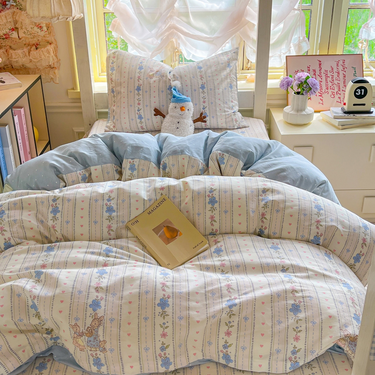 91家纺网 家纺一手货源 找家纺 简约家纺 2026新款全棉印花学生宿舍三件套系列 蓝茵小兔