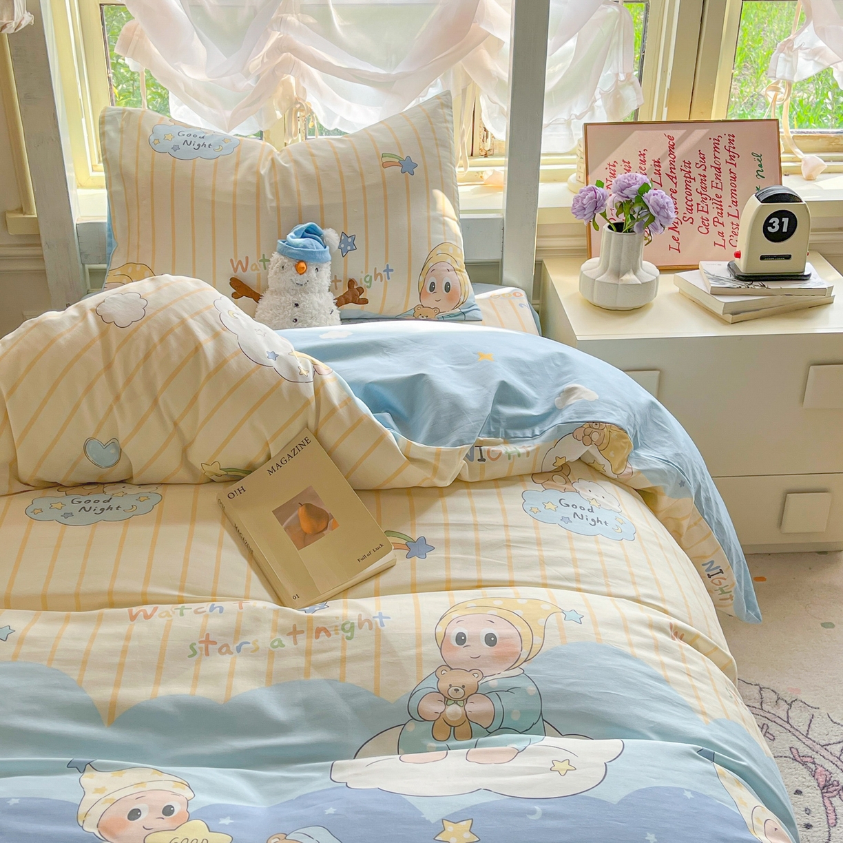 91家纺网 家纺一手货源 找家纺 简约家纺 2026新款全棉印花学生宿舍三件套系列 星语星愿