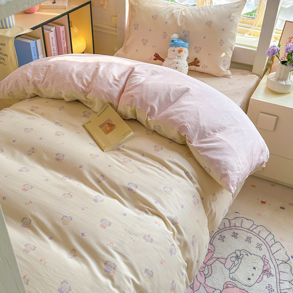 91家纺网 家纺一手货源 找家纺 简约家纺 2026新款全棉印花学生宿舍三件套系列 星小象-米